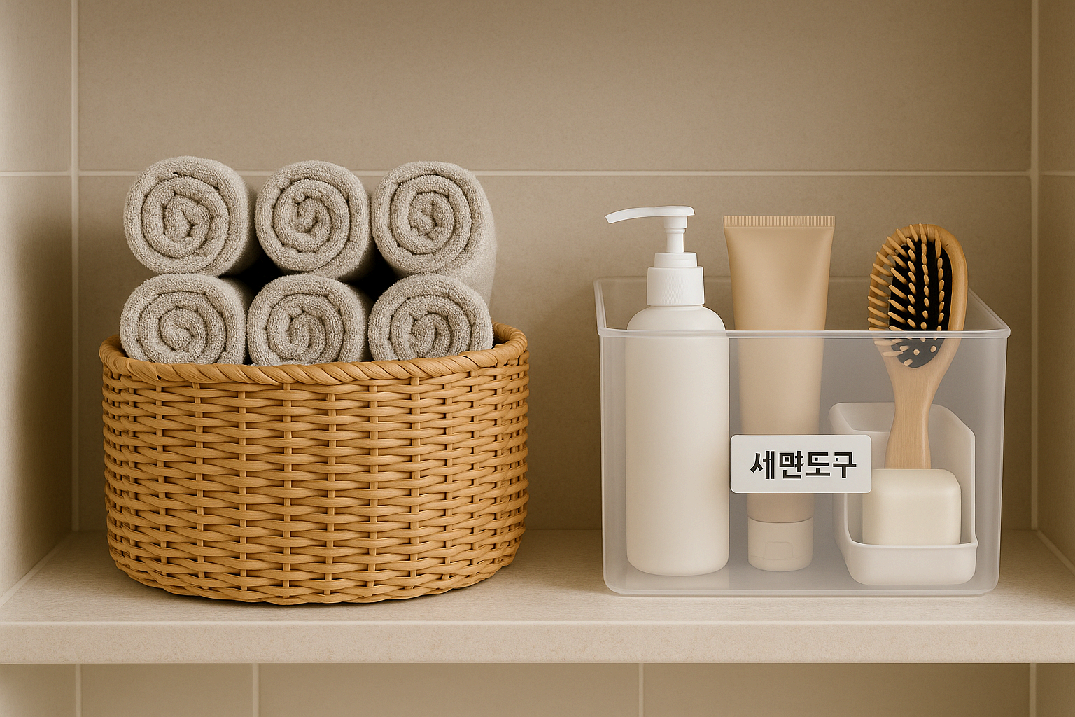 욕실 바구니에 수건이 돌돌 말려 세워져 있고 옆에는 투명 수납함이 놓인 모습