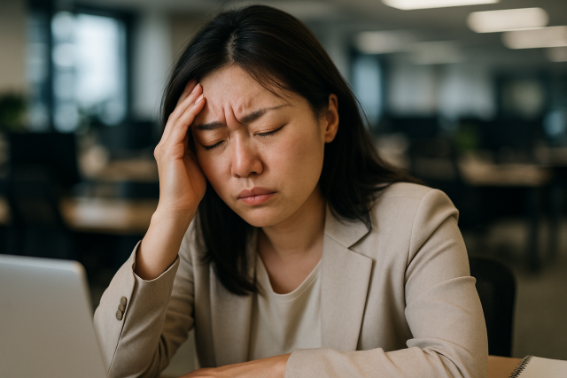 머리를 짚고 피곤해하는 직장인 한국 여성