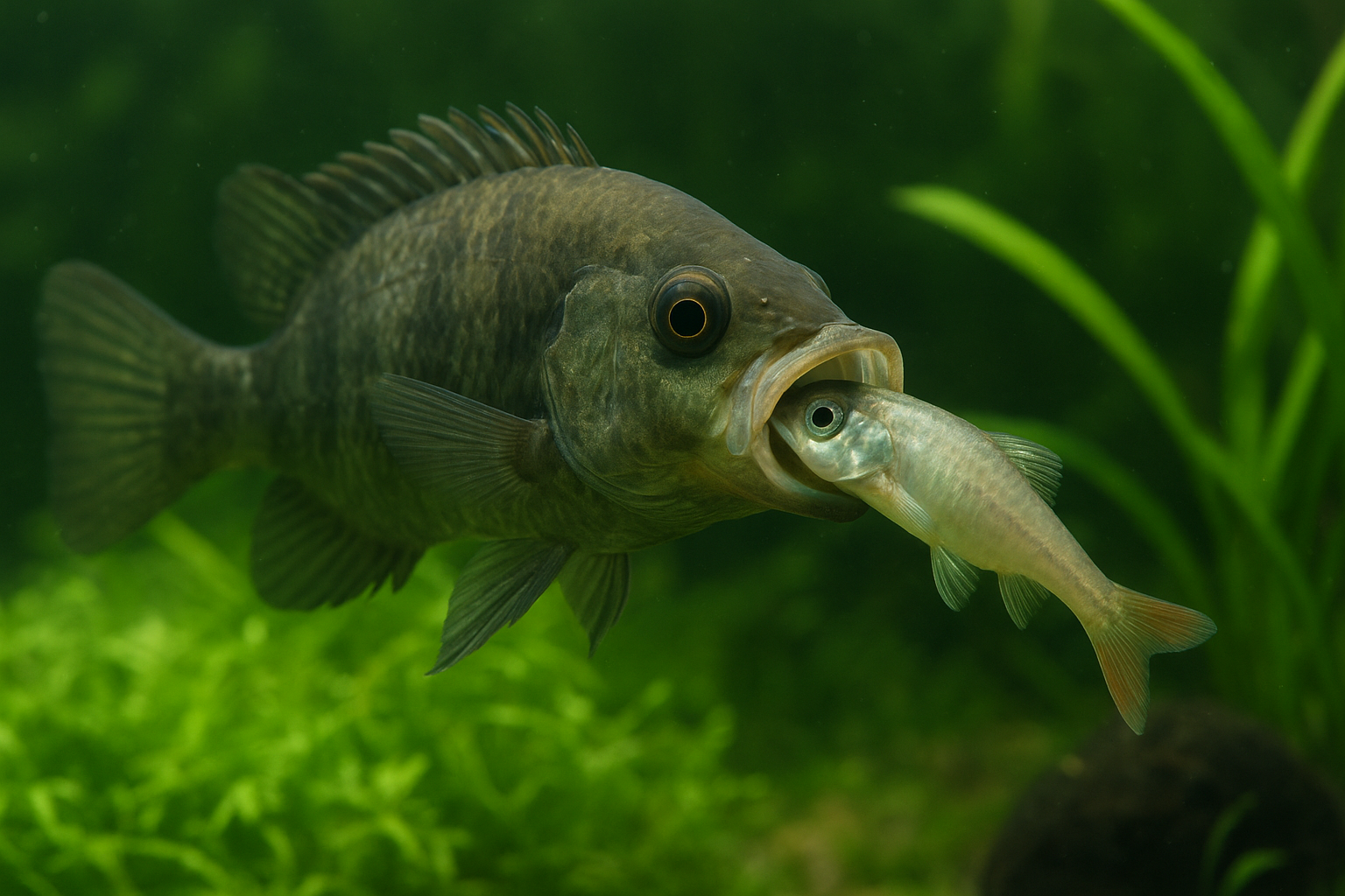 수초가 우거진 물속에서 성어가 치어를 입에 물고 있는 장면, 물고기 포식 행동과 먹이사슬을 보여주는 사진