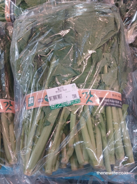 갓 효능 - 마트에서 판매 중인 비닐 포장된 생갓의 신선한 모습, 해독과 항염 성분이 풍부한 제철 갓