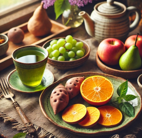 아침에 먹으면 좋은 음식 : 고구마, 오렌지, 녹차