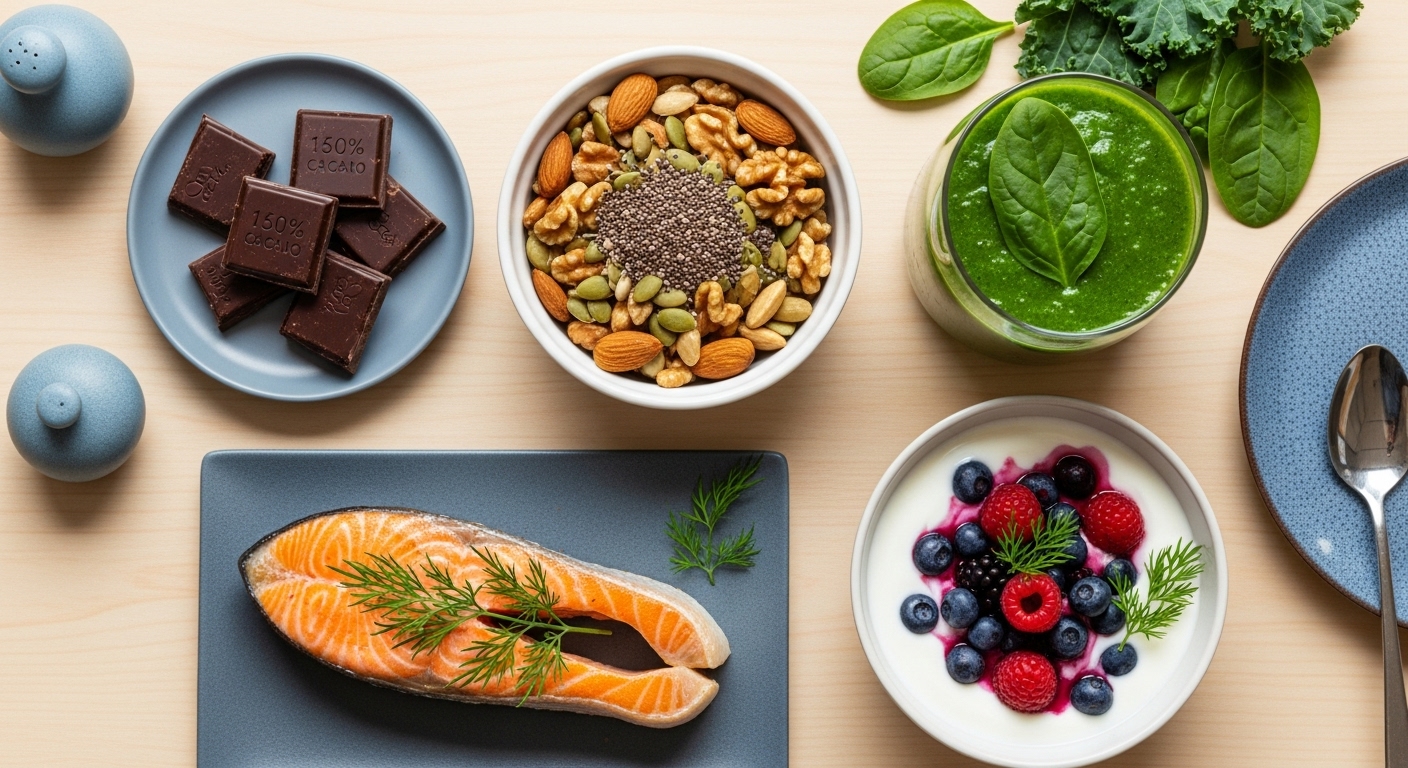 다크 초콜릿, 견과류, 녹색 스무디, 연어, 요거트 등 스트레스 해소에 좋은 5가지 음식이 평화롭게 놓여있는 모습