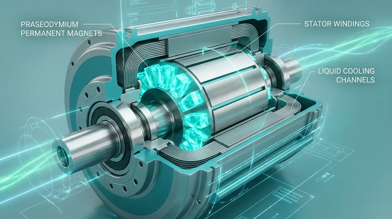 프라세오디뮴 자석이 포함된 전기차 모터 구조를 단면으로 표현한 기술 일러스트 이미지
