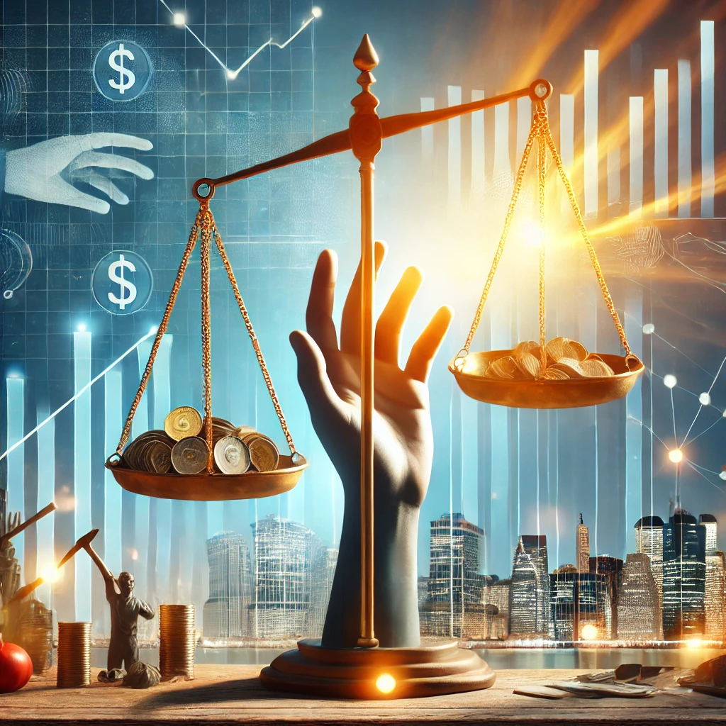 공정성, 노동, 경제적 균형의 상징하는 일러스트 이미지