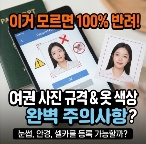 여권 재발급 알뜰형/일반형 수수료 및 준비물 체크리스트와 외교부 표준 기준에 맞춘 여권 사진 파일의 가로 세로 픽셀 및 머리 길이 규격 안내판