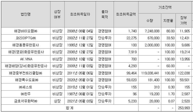 애경케미칼 음극제 타법인출자현황