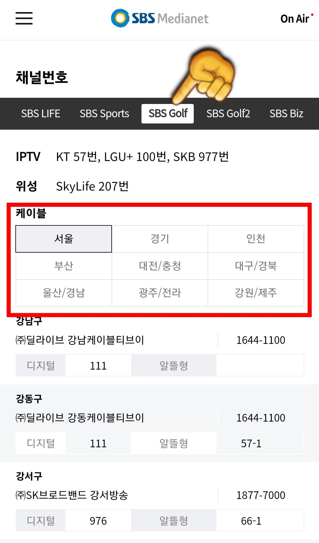 SBS-GOLF-채널번호-확인하는-방법-안내-상단-바에-중간-위치에-있는-SBS-GOLF-메뉴를-클릭해보세요.-주요-방송사의-채널번호는-KT(지니TV)-57번,-SKB(Btv)-977번,-LG-U+(U+TV)-100번,-Skylife(스카이라이프)-207번에서-시청할-수-있습니다.