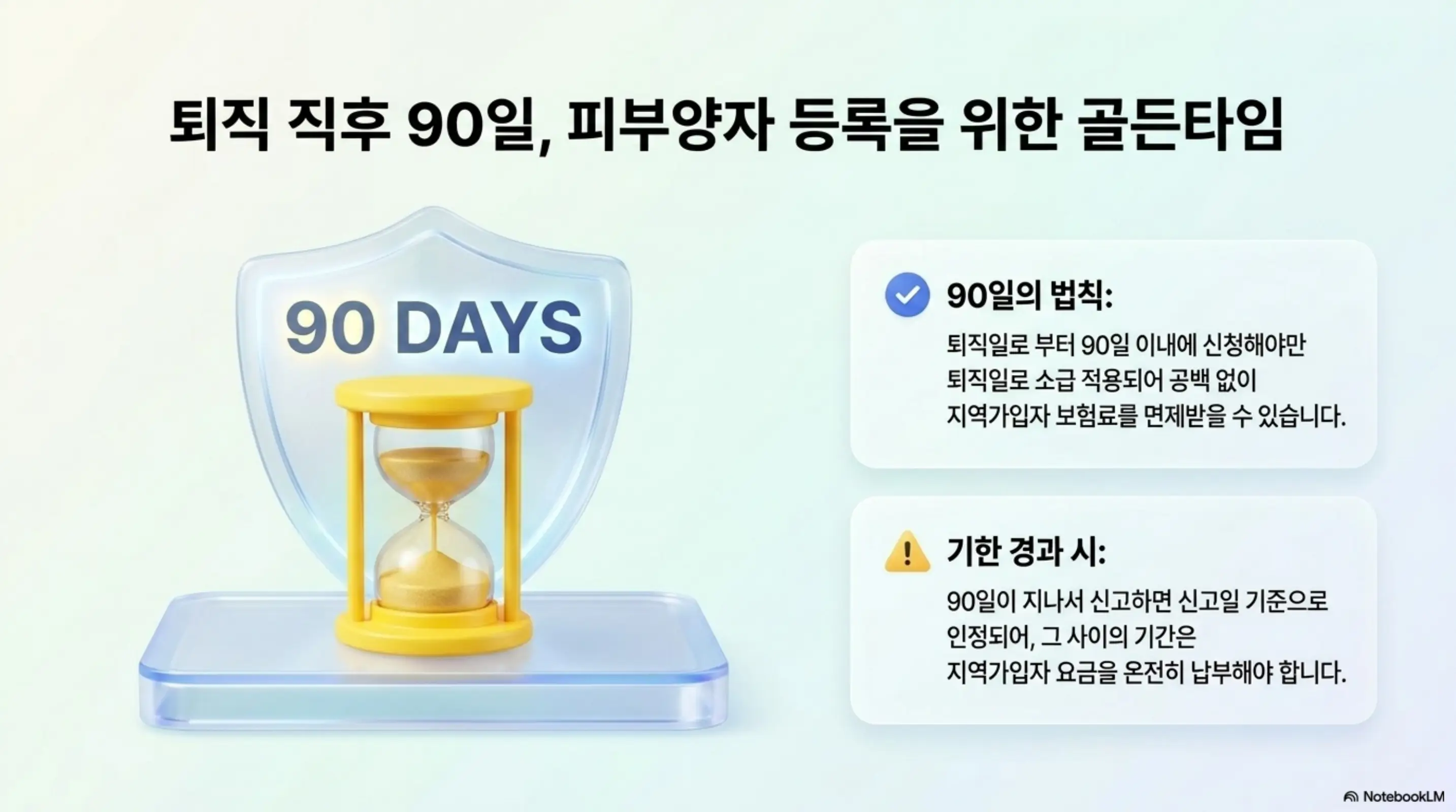 퇴직 후 건강보험료: 퇴직일로부터 90일 이내에 피부양자 등록을 신청하면 퇴직일로 소급 적용되어 지역가입자 보험료를 면제받을 수 있다는 내용을 모래시계 이미지와 함께 설명하는 인포그래픽. 90일 기한 경과 시 신고일 기준으로 인정되는 주의사항도 포함함