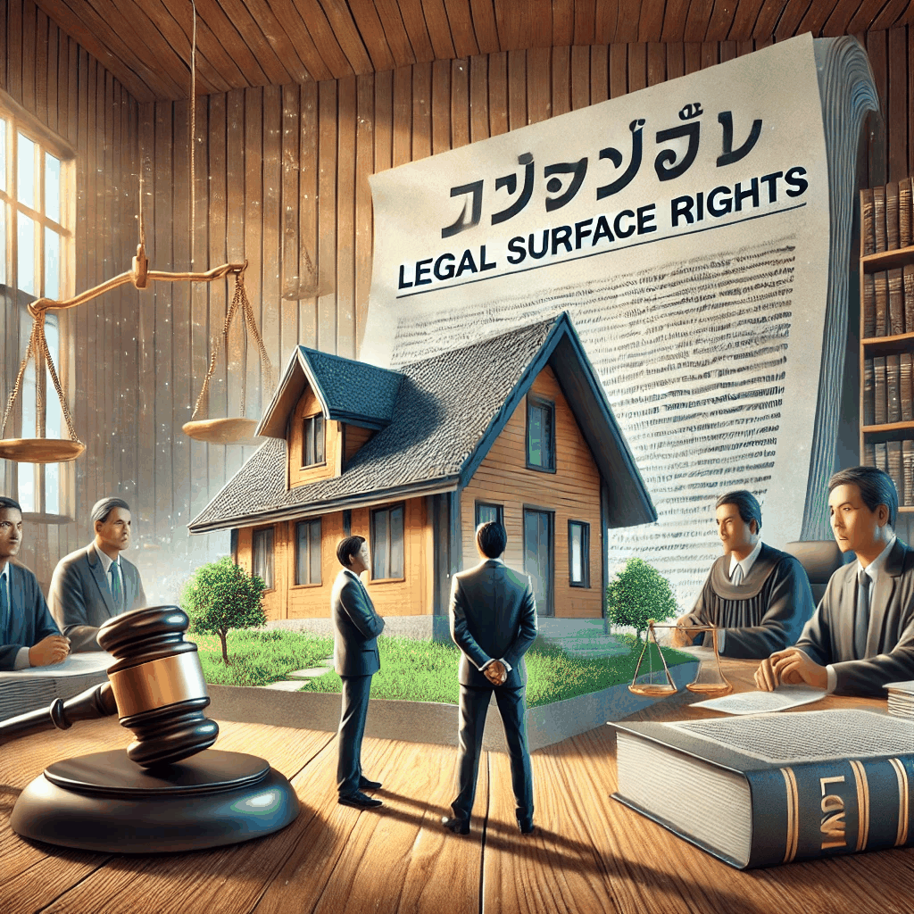 법정에서 토지 소유자와 건물 소유자가 법정지상권을 두고 치열하게 대립하는 모습을 사실적으로 묘사한 이미지