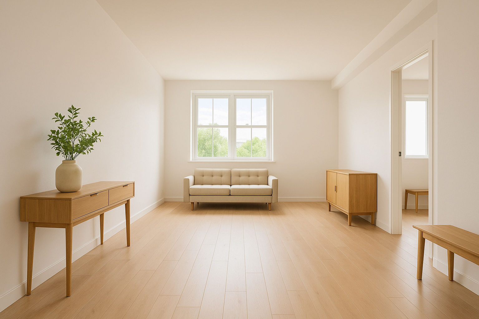 가구 사이의 간격이 여유 있고 동선이 시원한 밝은 인테리어