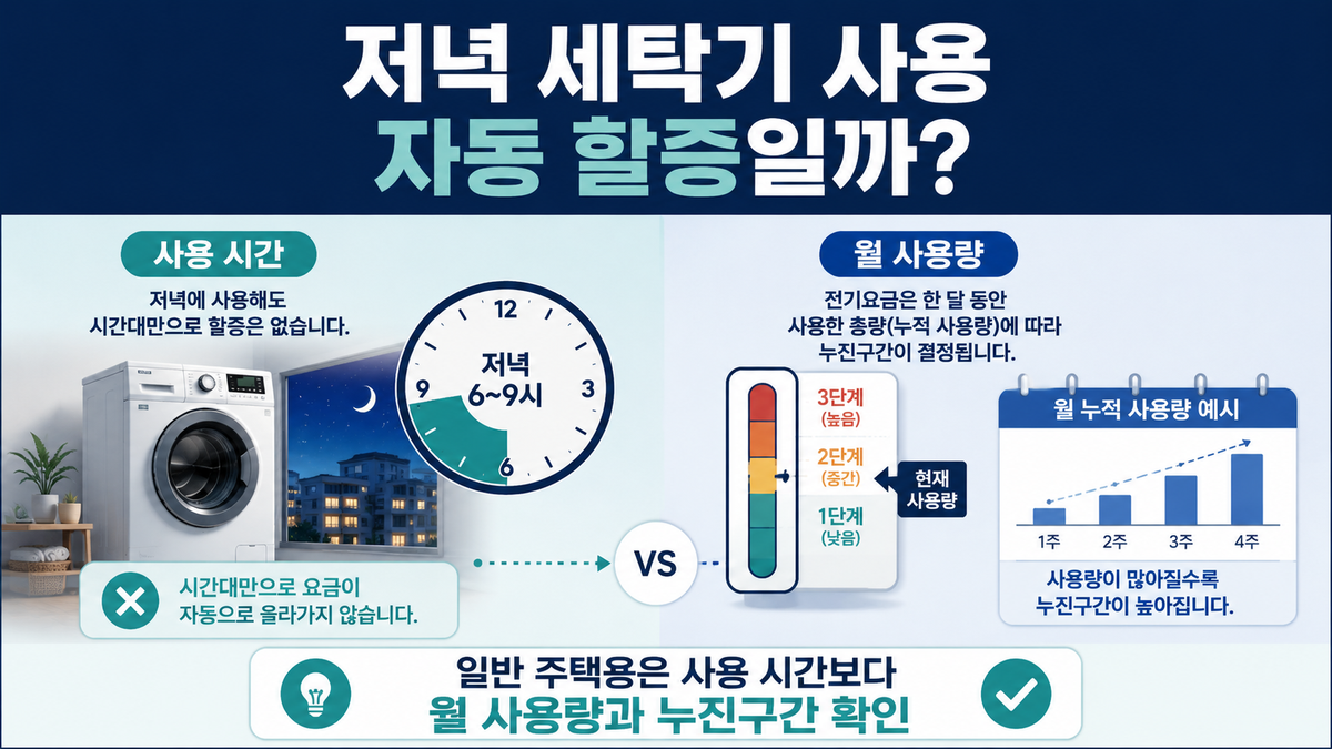 일반 주택용 전기요금은 저녁 세탁기 사용 시간보다 월간 사용량과 누진구간을 먼저 확인해야 함을 설명한 이미지