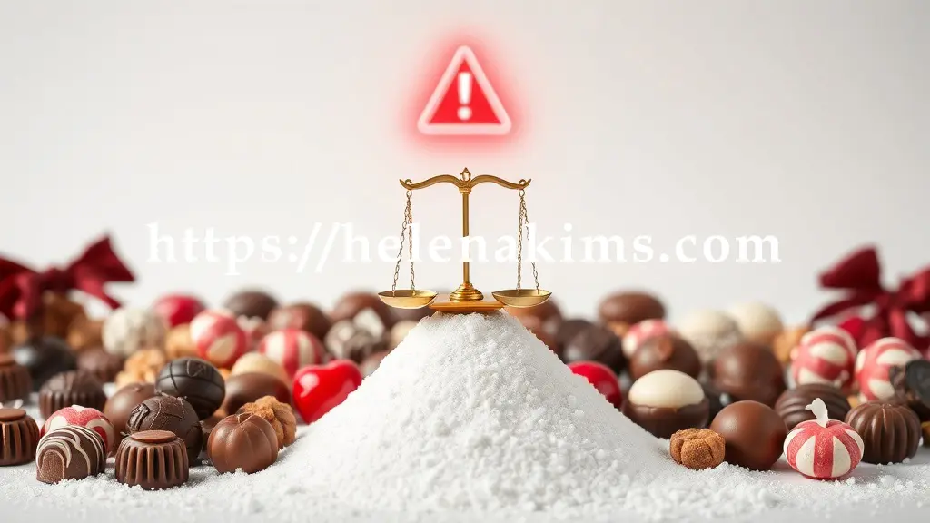 흰색 정제 설탕 더미가 중앙에 놓여 있고, 그 주위에 화려하지만 위험한 캔디와 초콜릿이 유혹적으로 배치되어 있다.