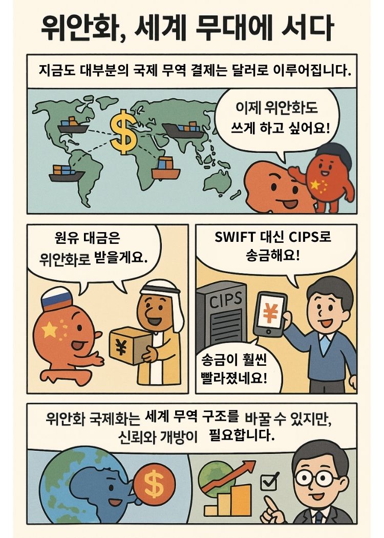 중국이 달러 의존도를 줄이고 위안화의 국제 결제를 확대하려는 전략을 보여주며, 무역 거래, 디지털 위안화, 자체 결제망, 그리고 미래의 영향까지 간단히 설명하는 4컷 만화.