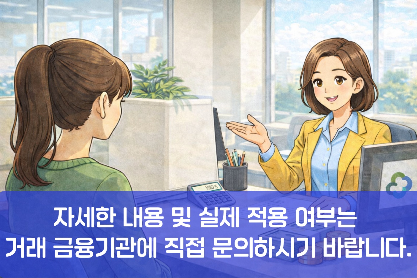 은행 창구에서 여성 상담원이 고객에게 햇살론 대출 상담을 안내하는 모습의 일러스트 이미지로, 정책금융 상품은 실제 적용 여부가 금융기관별로 다를 수 있음을 안내하는 장면