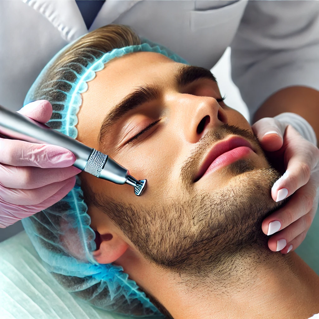 피부과에서 다이아몬드 팁을 사용해 미세 박피술을 통해 피부 각질을 제거하고 피부결을 개선하는 장면