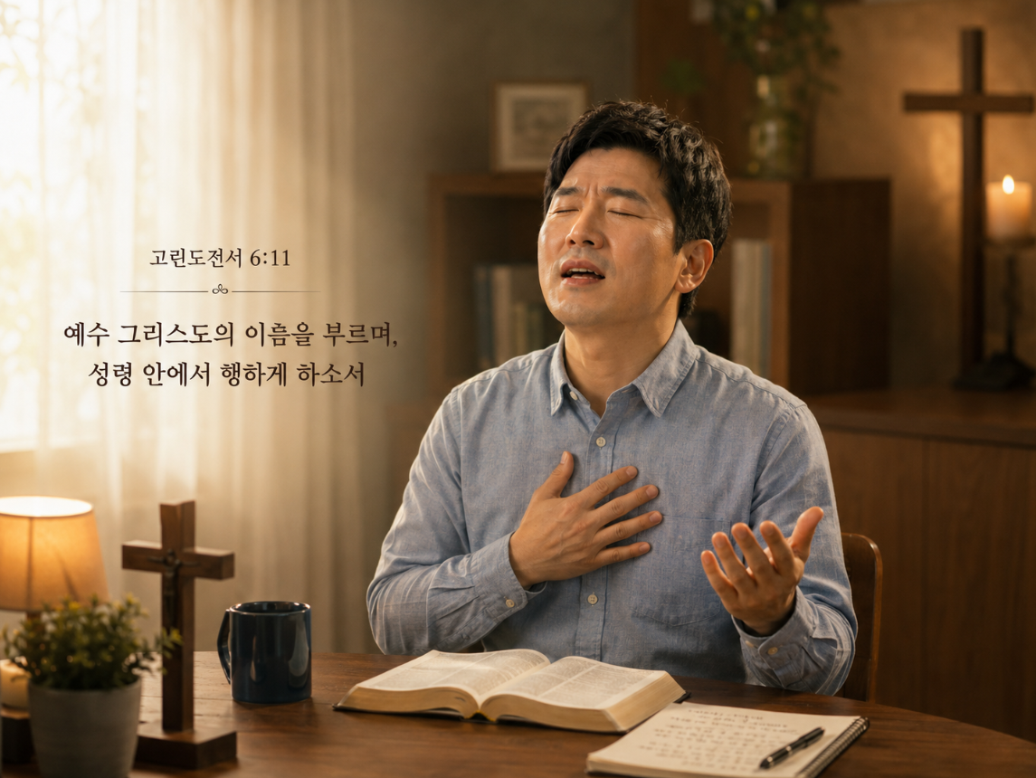 고전 6:11 말씀에서 거룩하며 깨끗함을 입기 위해 주 예수 그리스도의 이름을 부르고 말하며&amp;#44; 성령 안에서 행하는 삶을 살아야 할 것이 묵상되었고&amp;#44; 오늘 입을 열어서 예수 그리스도의 이름을 반복하며&amp;#44; 성령 안을 부르는 시도를 반복하는 모습입니다.