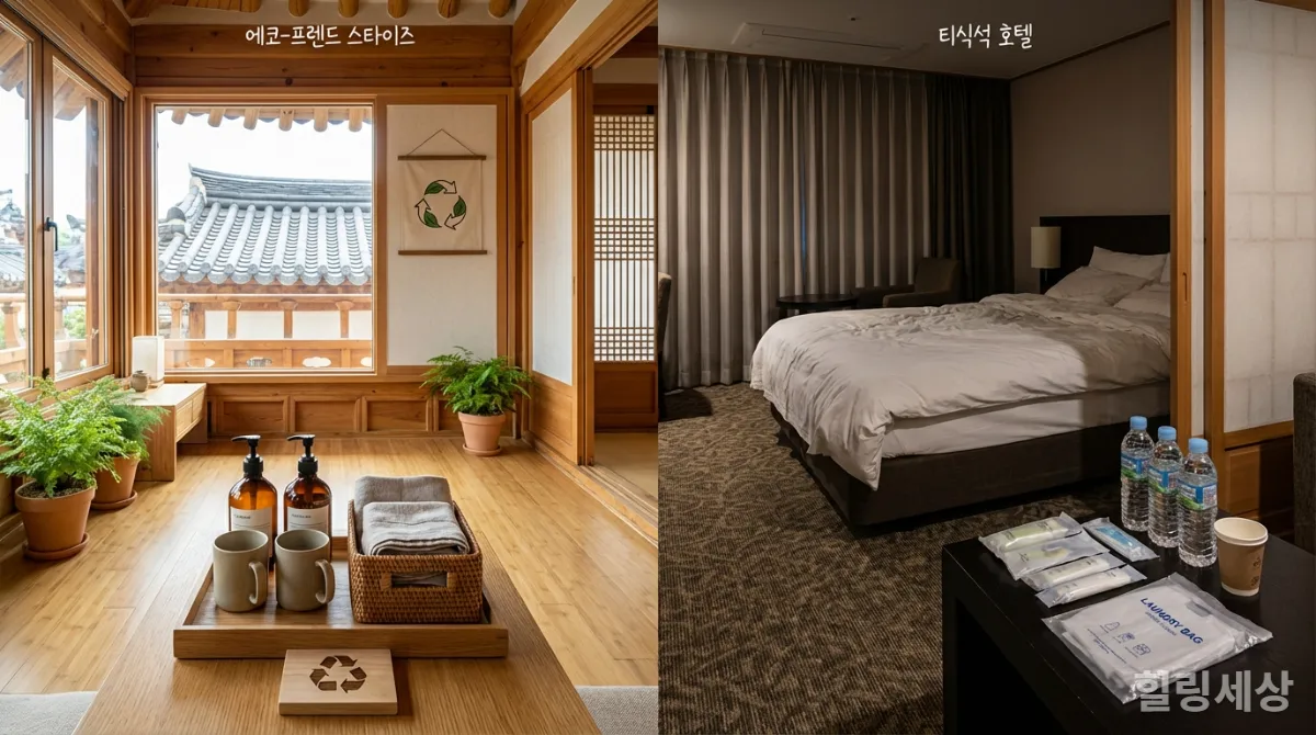 친환경 숙소와 일반 숙소의 차이를 보여주는 비교 이미지