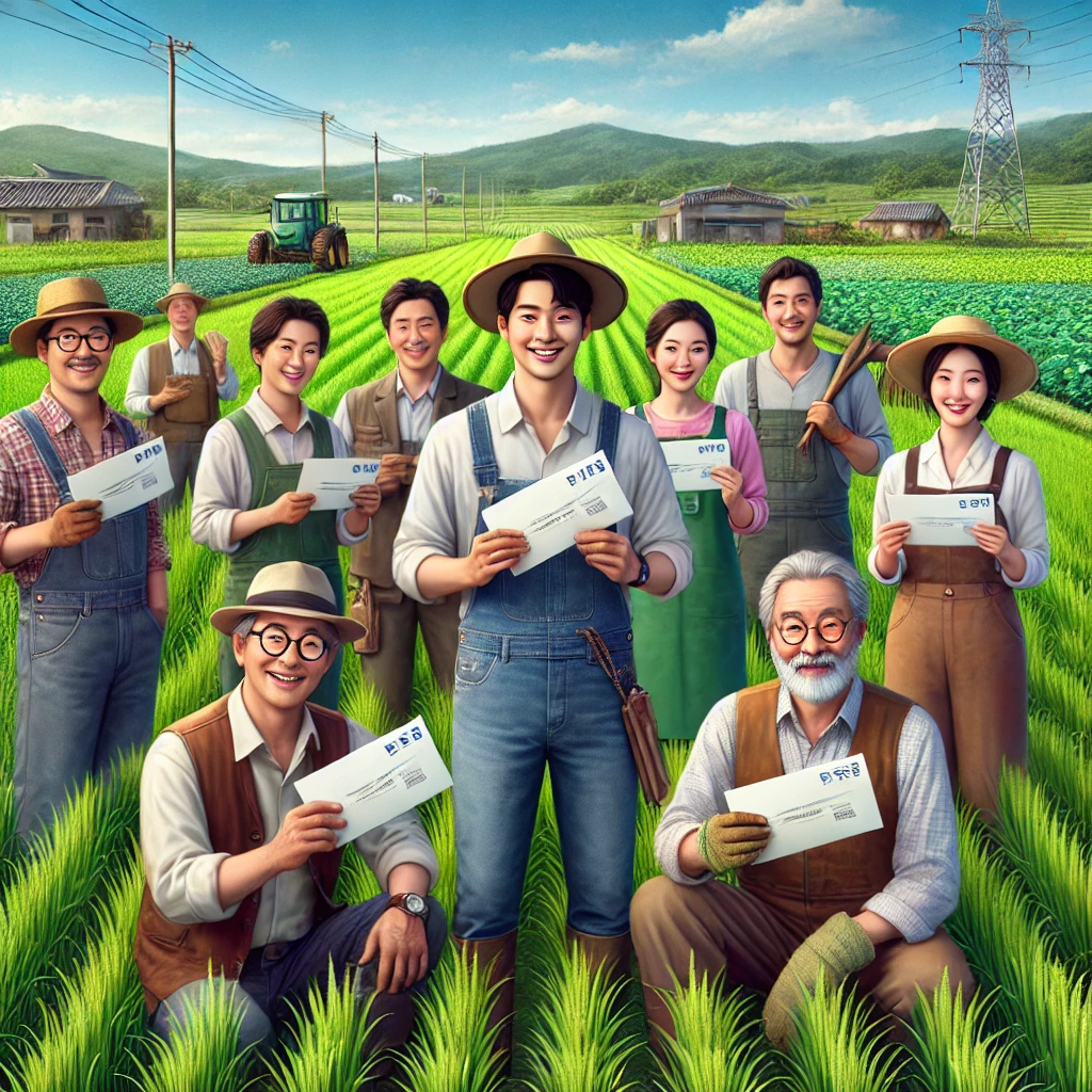 논밭에서 공익직불금 신청서를 들고 웃고 있는 젊은 농민들과 마을 주민들 &ndash; 2025년 공익직불금 신청 홍보 이미지