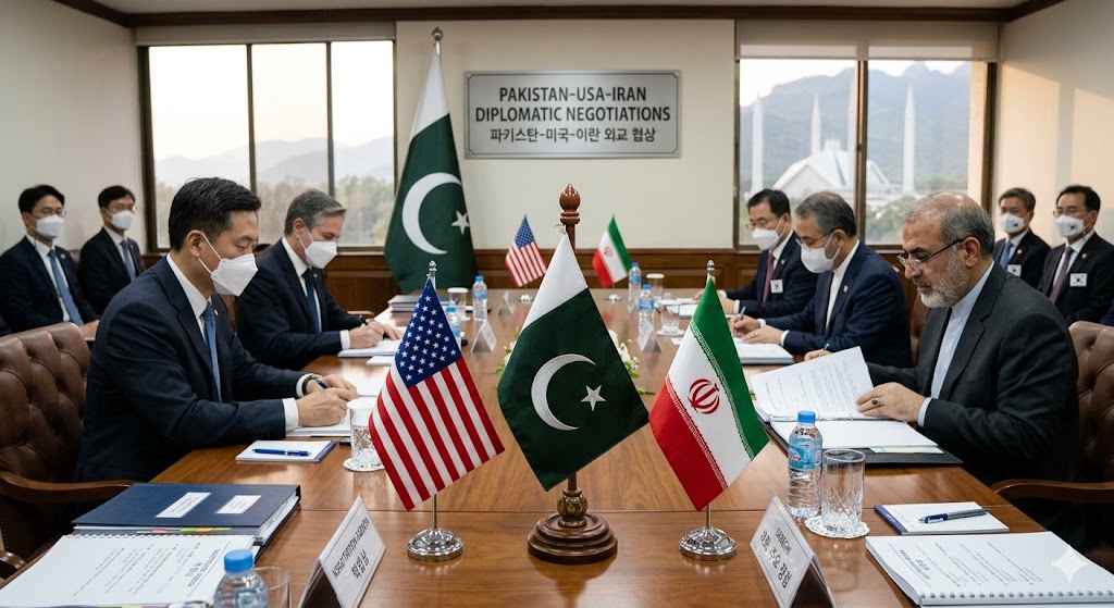 성조기와 이란 국기가 놓인 협상 테이블과 파키스탄 국기 이미지를 합성한 사진