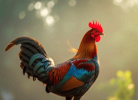 수탉이 서 있는 옆모습이다. 닭벼슬은 붉고 꼬리는 매우 길다. 몸 깃털은 파란색 계열이다.