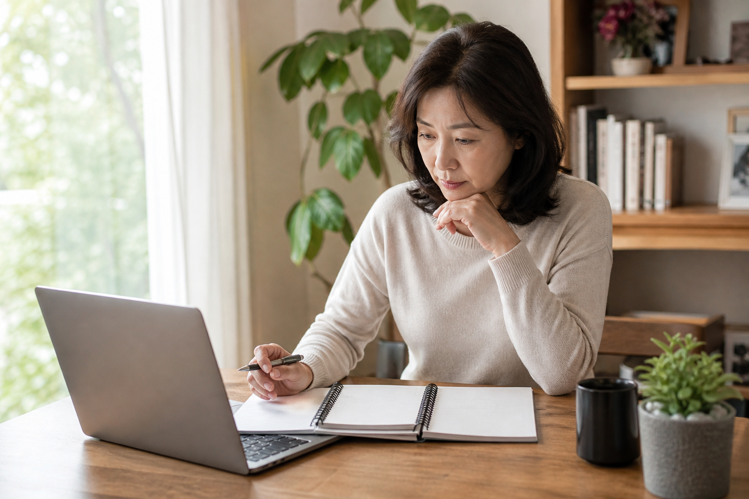 자격증 교육비를 아끼기 위해 온라인 교육 정보를 확인하는 중장년 여성