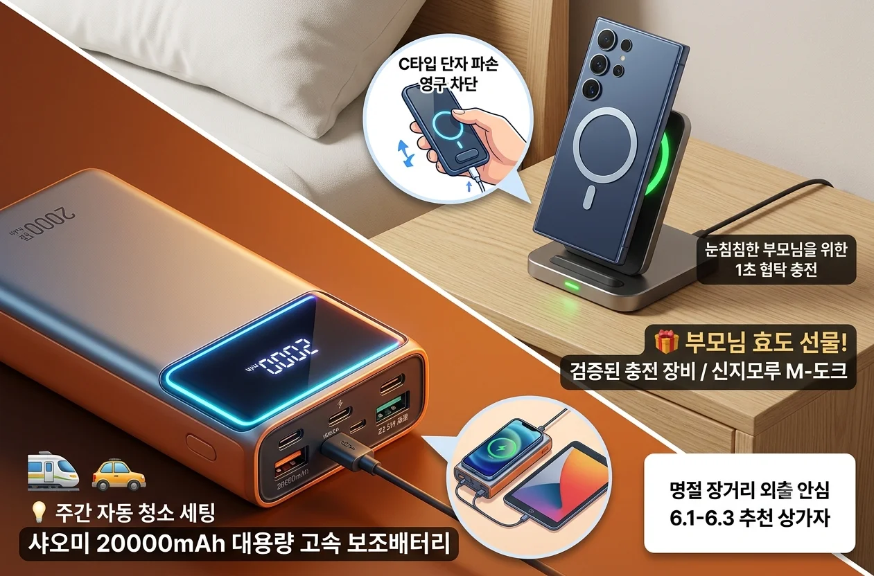부모님 스마트폰 충전 편의를 위한 자석 무선 충전기 및 외출용 고속 보조배터리 추천