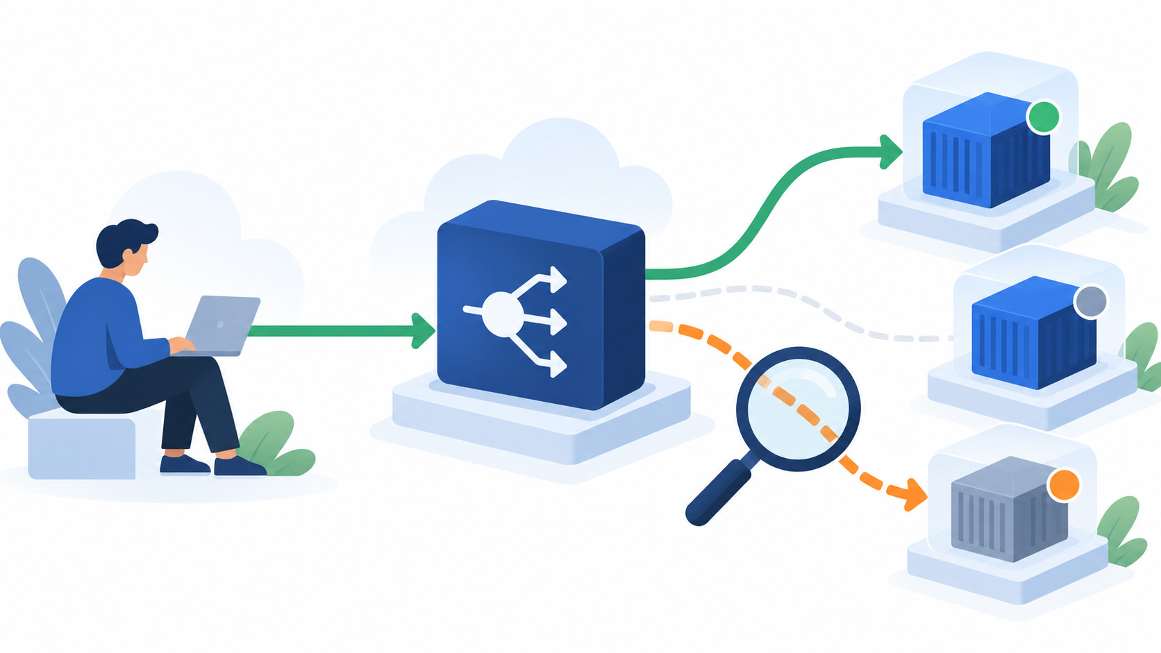 클라이언트에서 Service와 대상 컨테이너로 이어지는 경로를 점검하는 Kubernetes 네트워크 개념 일러스트
