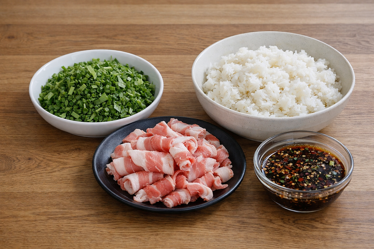 김나영 스타일 미나리볶음밥을 만들기 위해 미나리와 고기, 밥, 양념장을 준비한 모습