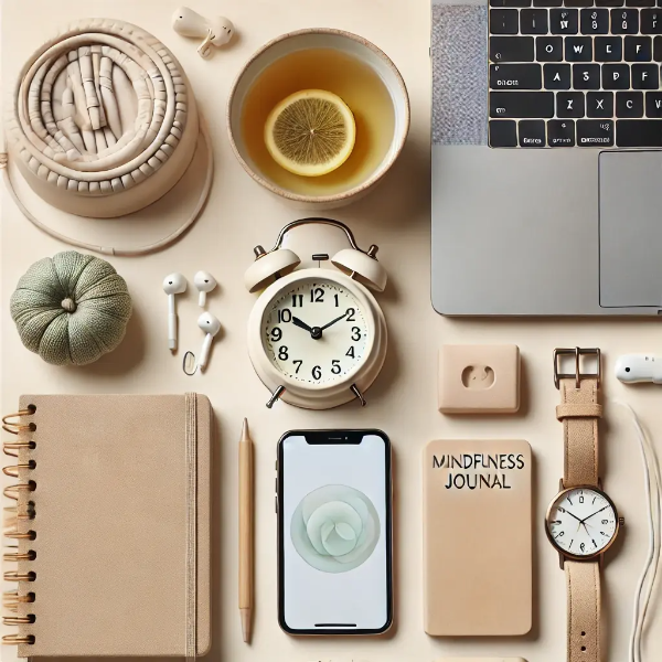 하얀 배경 위에 정리된 디지털 디톡스 아이템 &ndash; 닫힌 노트북, 플러그 뽑힌 스마트폰, 아날로그 시계, 차, 마인드풀니스 노트의 스튜디오 촬영 사진