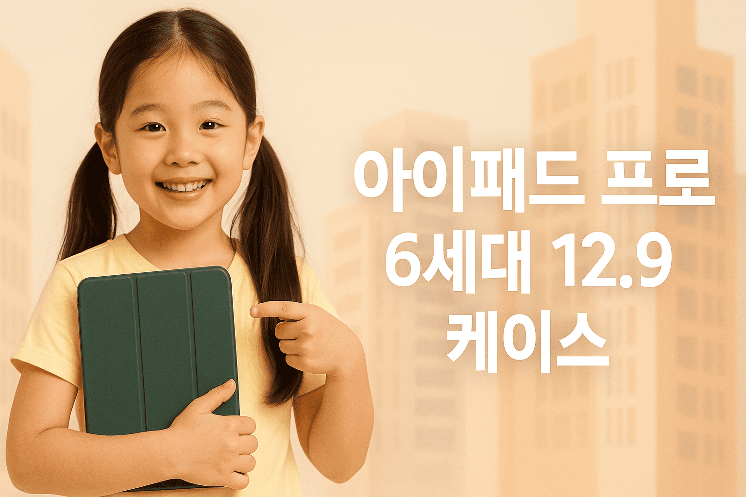 아이패드-프로-6세대-12.9-케이스-양갈래머리-한국인-어린소녀-노란-티셔츠-입고-아이패드-껴안은채-케이스-가리킴-따뜻하고-화사한-톤의-추상화된-건물-배경-오른쪽에-아이패드-프로-6세대-12.9-케이스-텍스트