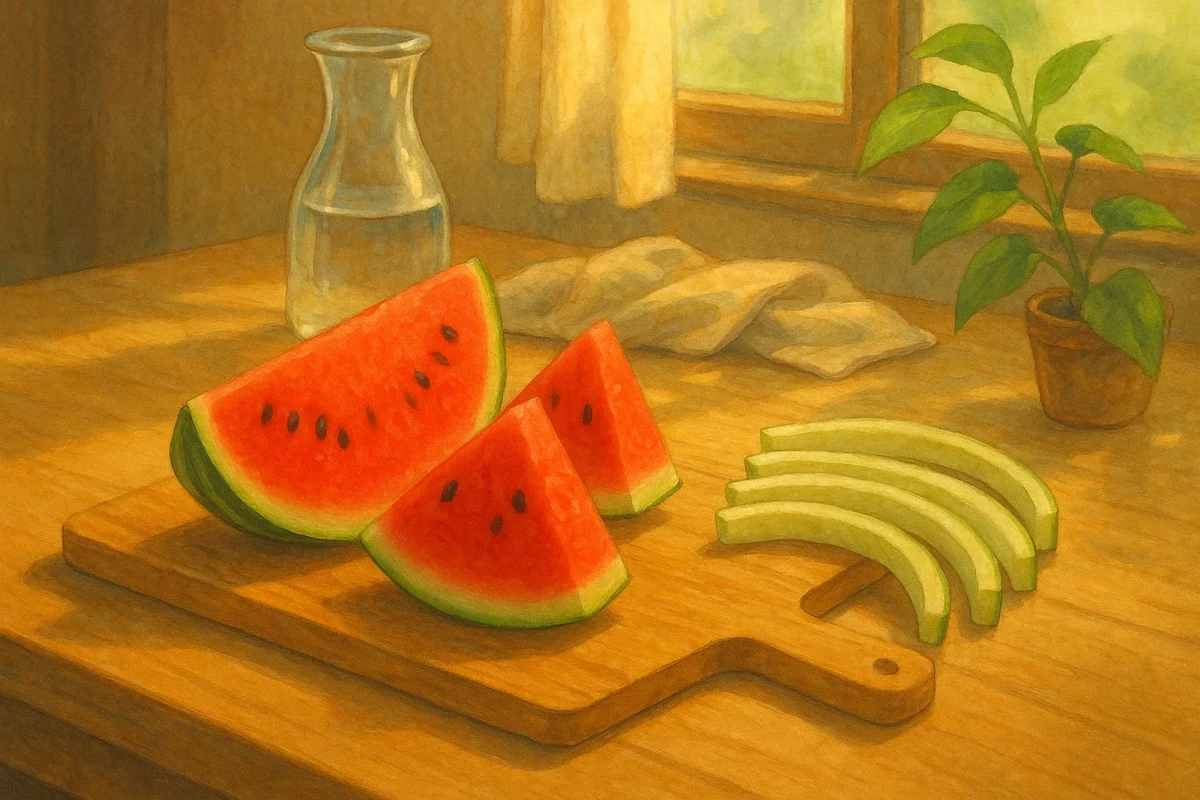 싱그러운 수박과 함께 하얀 속껍질을 분리하여 깔끔하게 정리해 둔 감성적인 사진