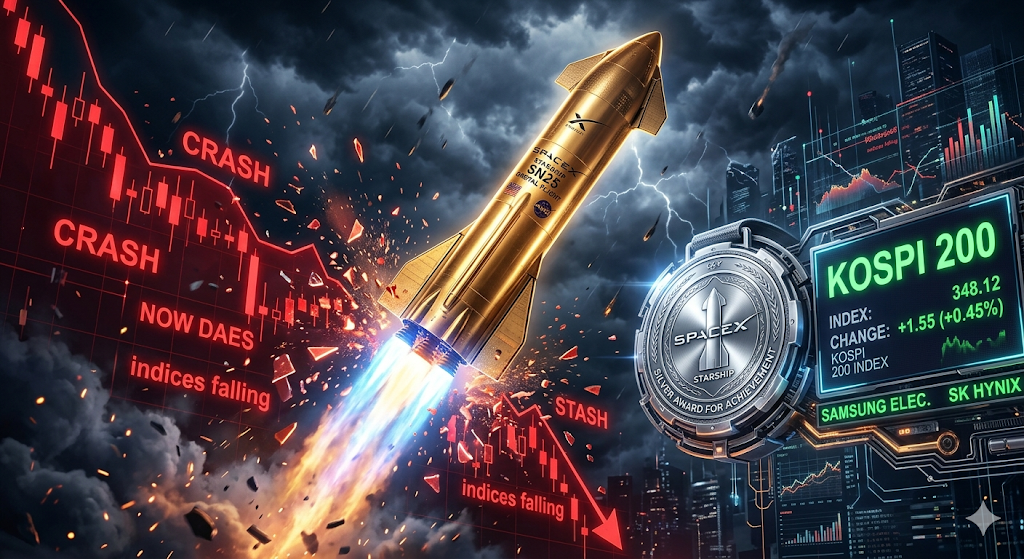 붉게 타오르는 하락장 차트를 뚫고 솟아오르는 황금빛 로켓과 은빛 메달, 그리고 코스피 200 전광판 이미지