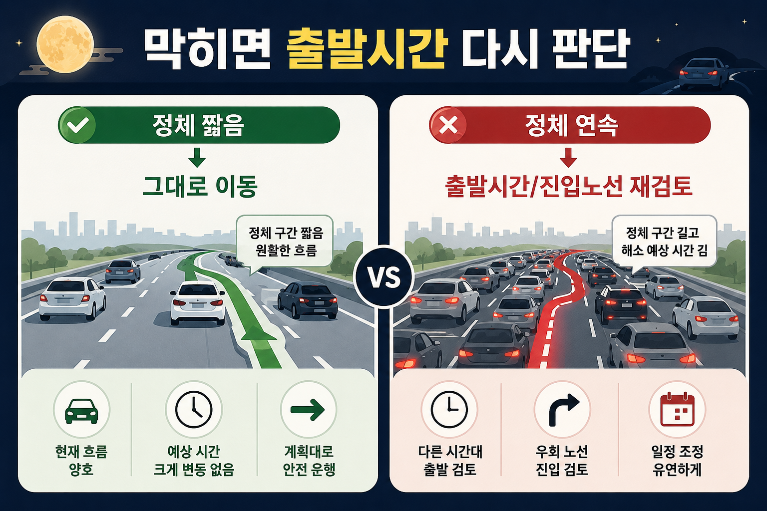 추석 고속도로 정체 상황에 따라 출발시간과 진입노선을 다시 판단하는 비교 이미지