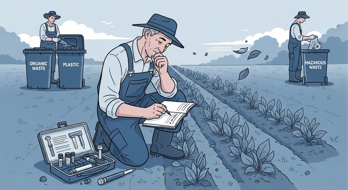 영농일지를 작성하고 토양을 검사하며 폐기물을 처리하는 농부의 모습. 공익직불제 준수사항 이행을 위한 성실한 농업 활동을 표현합니다.