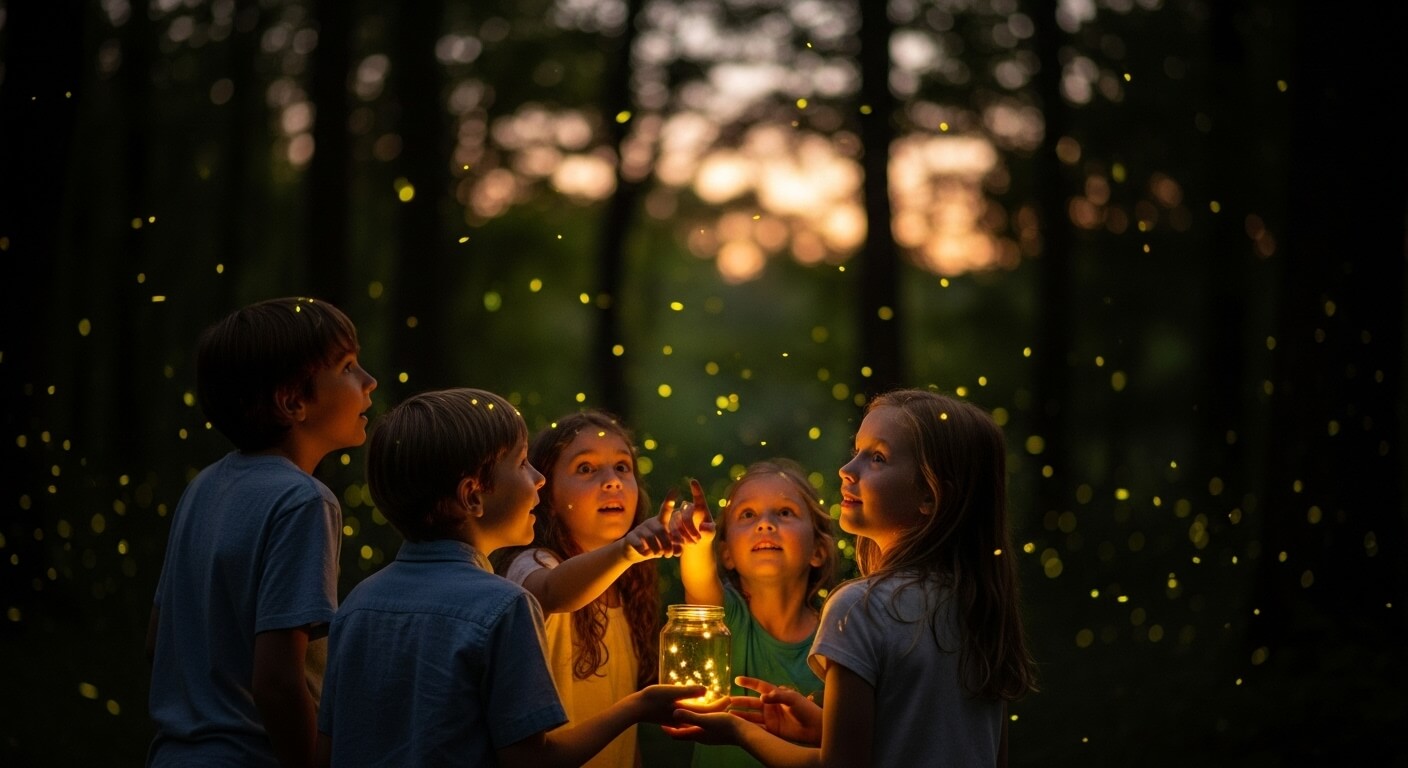 유리병 속 반딧불이를 바라보며 모여 있는 아이들