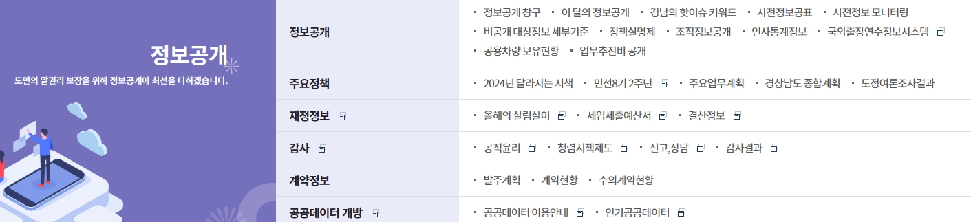 교육, 복지, 환경 등 다양한 생활 밀착형 정보를 제공하는 분야별 메뉴