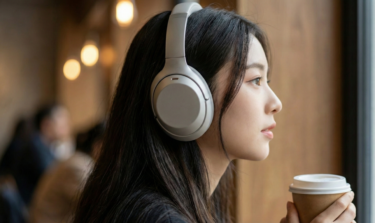 부드러운 이어패드로 장시간 착용해도 편안한 장원영 헤드셋 착용 모습