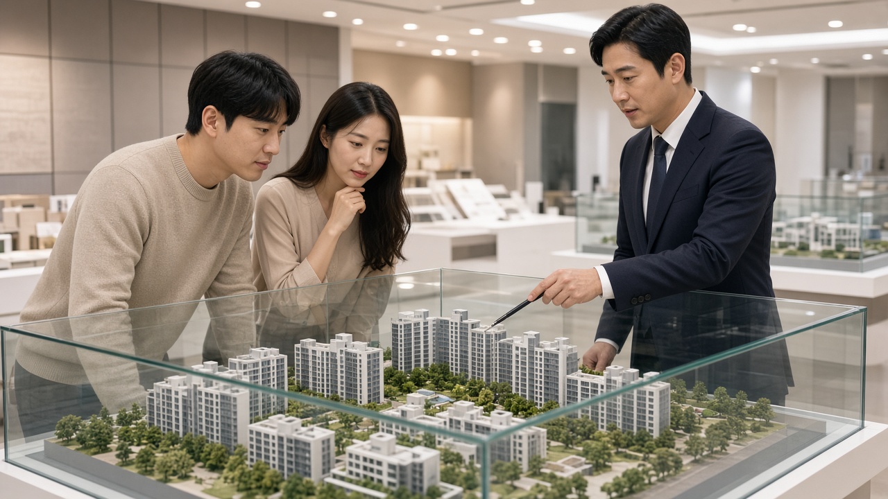밝은 견본주택에서 30대 초반 한국인 부부가 직원의 설명을 들으며 유리 안 아파트 단지 모형을 살펴보는 모습