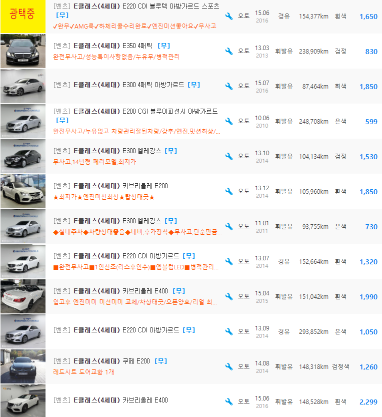 벤츠 E클래스 W212 등급 중고차 가격 : 580만원 ~ 3,930만원