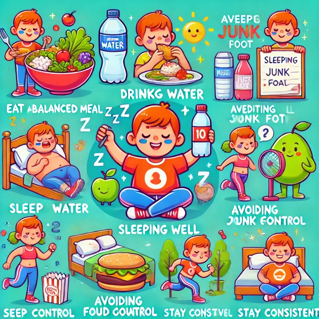 애니메이션 스타일로 표현된 건강한 체중 감량을 위한 10가지 생활 습관 이미지, 밝고 활기찬 이미지