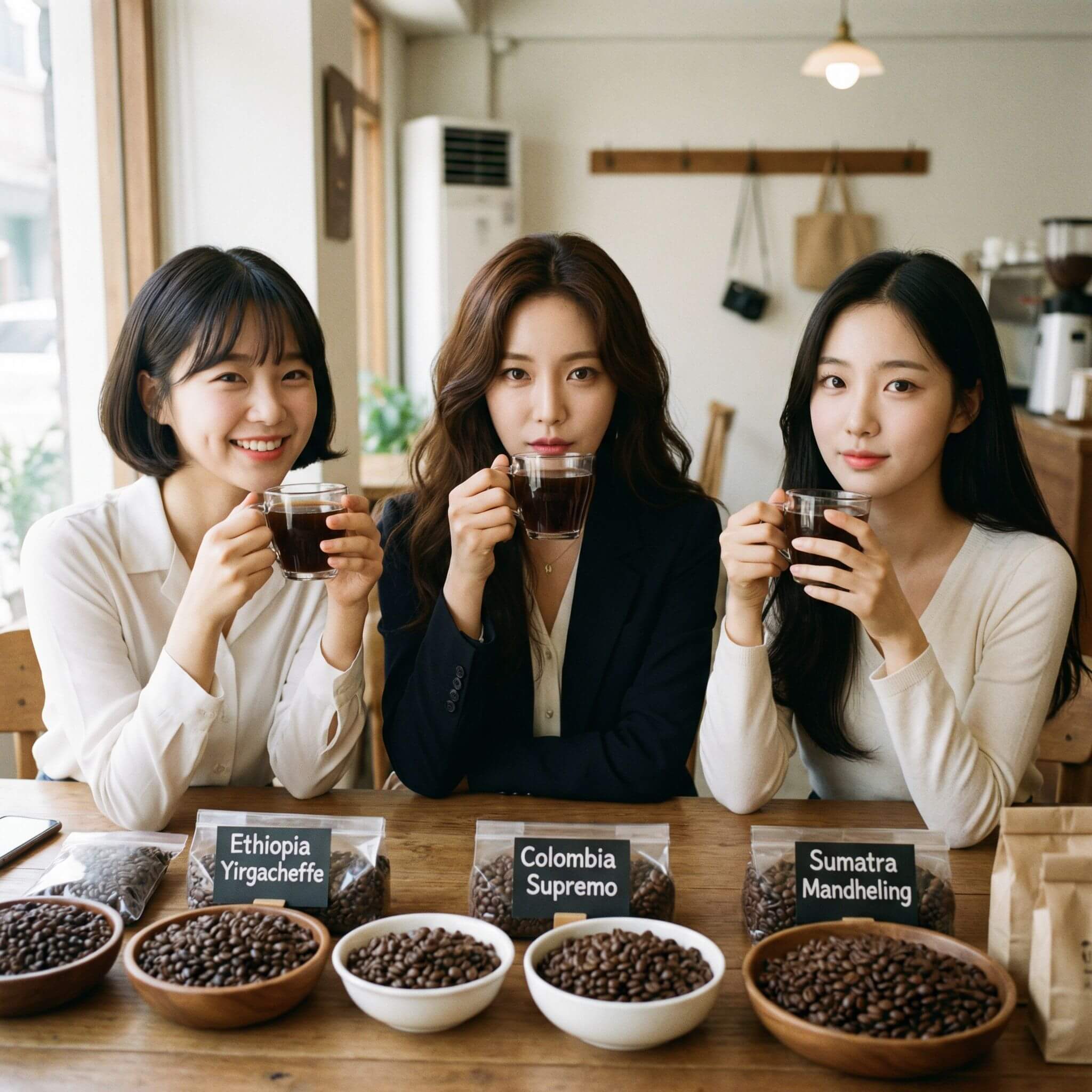 다크로스팅 원두 커피를 마시고있는 세명의 여자들