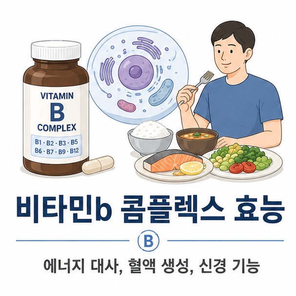 여러 비타민 B군과 음식, 세포 아이콘을 통해 비타민 B 콤플렉스가 에너지 대사와 혈액 생성, 신경 기능 등에 필요한 영양소를 함께 공급하는 모습을 보여 주는 그림