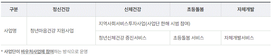청년사회서비스사업단의 서비스내용을 담고 있는 표입니다.
