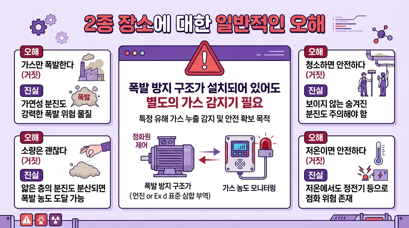 2종 장소의 방폭구조&middot;가스감지기 관계에 대한 흔한 오해를 보여주는 경고 인포그래픽