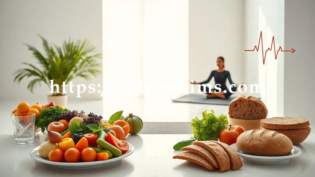 신선한 채소와 과일, 통곡물 빵이 담긴 고급스러운 식단 접시, 요가 매트 위에서 평온하게 스트레칭하는 사람의 모습.