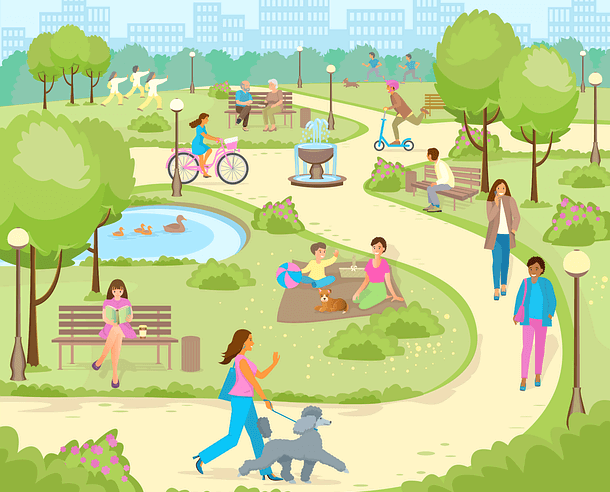 나무가 많은 공원에 사람들이 가득하다. 벤치에 앉아 책 읽는 아가씨, 히색 푸들 강아지와 산책하는 여자, 자전거 타는 여성 등이 있다.