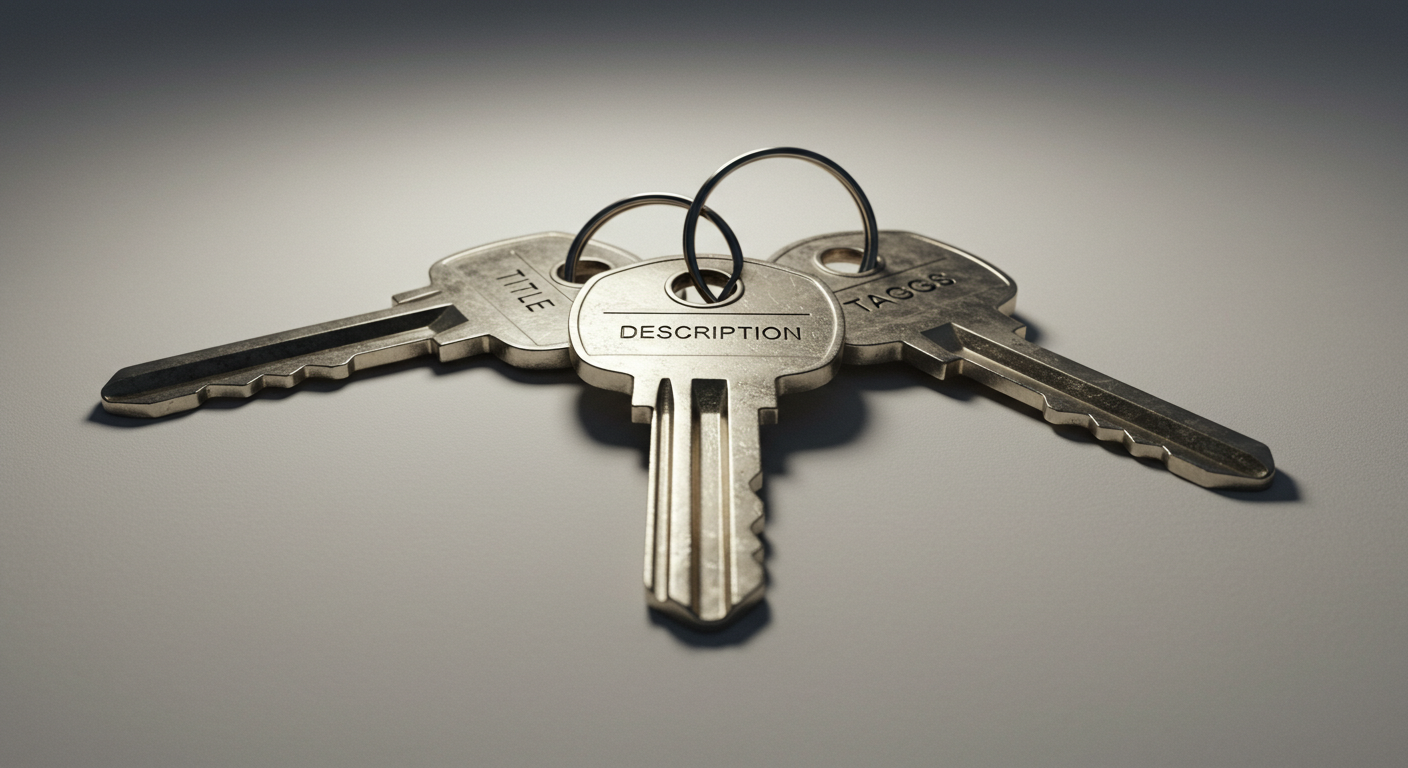 제목·설명·태그의 역할을 주의·과정·검색을 여는 세 가지 열쇠로 상징한 개념 사진