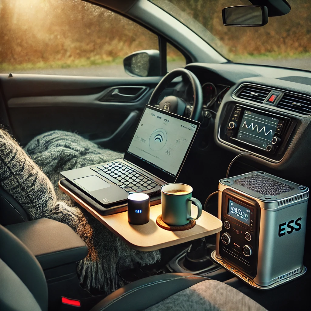 ESS로 전력 공급되는 차량 내 스마트 오피스 셋업 – 노트북, 포터블 와이파이, 조명, 커피까지 구성된 차박 작업 공간
