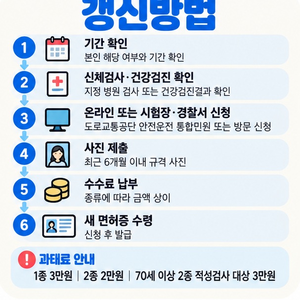 기간 확인 신체검사 또는 건강검진 온라인 또는 방문 신청 사진 준비 수수료 납부 면허증 수령 순서를 보여주는 이미지