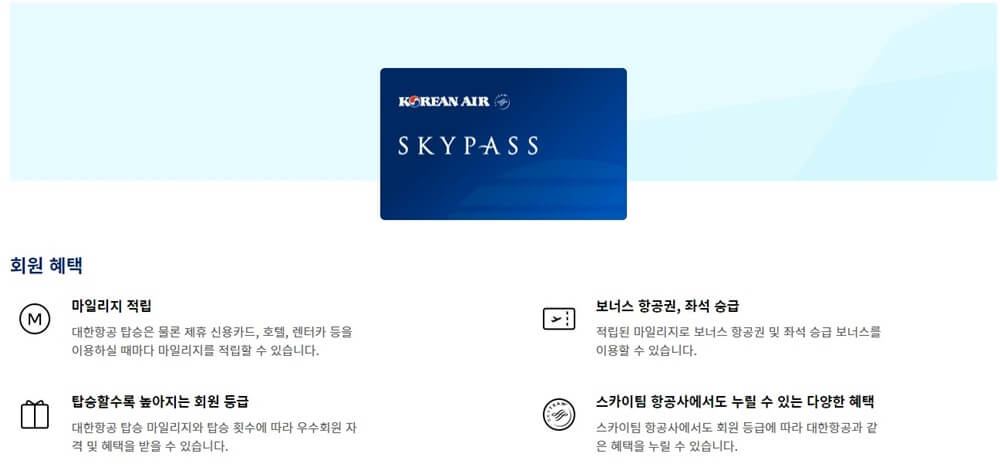스카이패스 일반 회원 등급의 혜택을 보여주는 표
